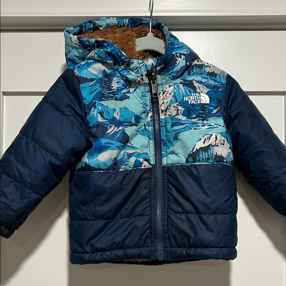 The North Face Navy and Sky Blue Mountain Print Reversible Boys Jacket